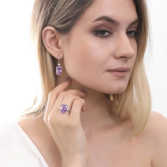 Sterling Silver Radiant Purple CZ 3-Stone Ring - Picture 3 of 4